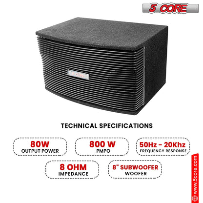 5Core Box Subwoofer for Car 1Pc Black 800W Peak Power 8 Inch Vented Trunk Speaker Woofer 8 Ohm